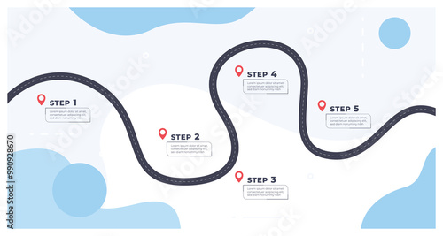 Timeline with execution points. Chronology of the execution of the process on the winding road. Workflow infographics. Vector illustration