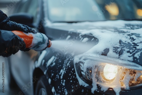A person washing a car with foam and a spray bottle.