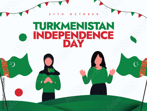 Turkmenistan Independence Day 27th October banner, post. Independence day of Turkmenistan celebration banner with its flags, girl characters holding flags. The day recalls country freedom from Russia.