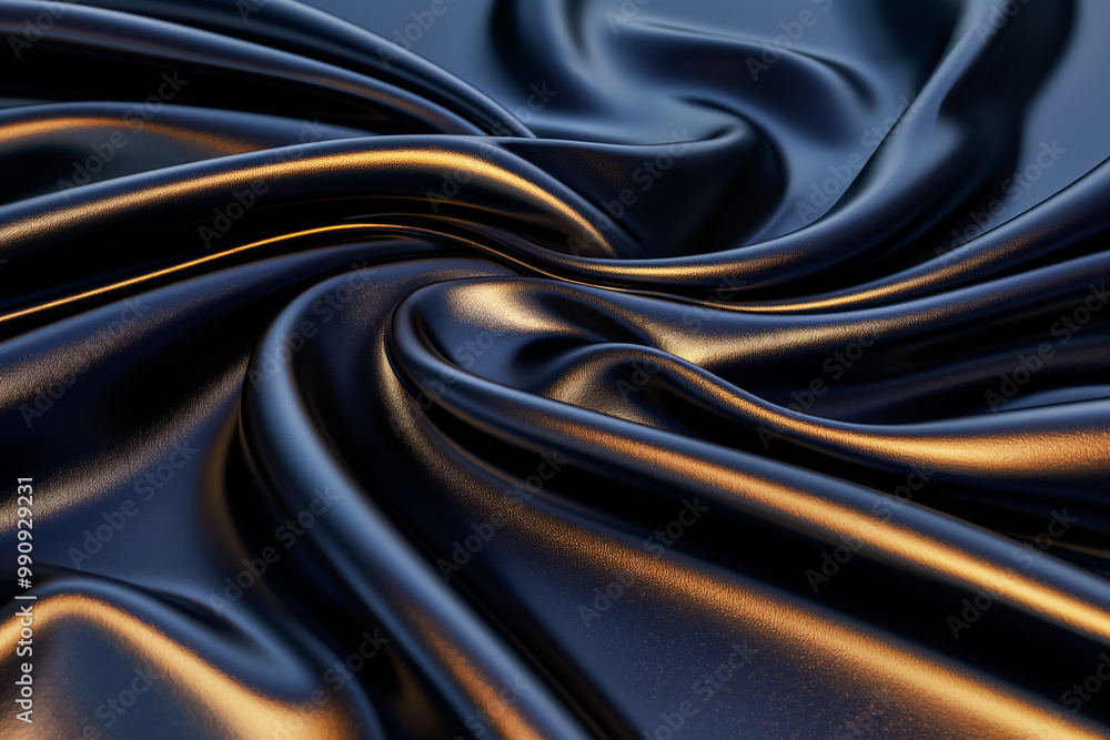 Naklejka premium The lush black satin creates a stunning visual with its glossy surface, showcasing gentle folds and curves that enhance its elegance, ideal for backgrounds or wallpapers