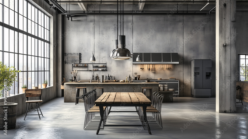 Spacious urban dining room with concrete walls, reclaimed wood table, and industrial-style lighting, highlighted by large open windows Spacious urban dining room with concrete walls, reclaimed wood table, and industrial-style lighting, highlighted by large open windows