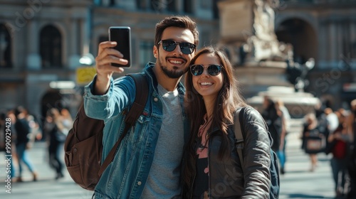 Smiling Couple Taking a Selfie in a Busy Urban Setting