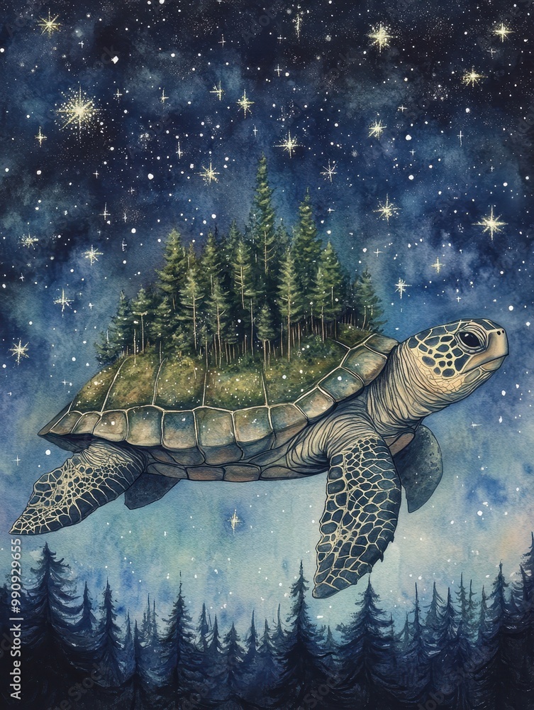 Fototapeta premium A whimsical turtle with a lush forest on its back floating through a starry night sky, blending nature and fantasy art.