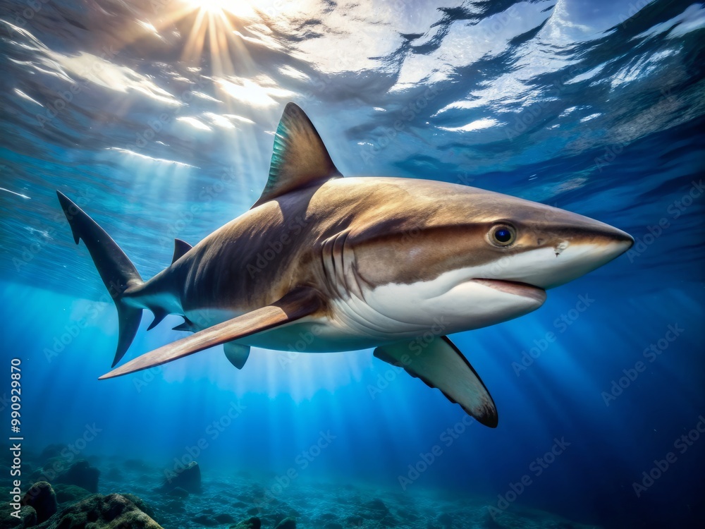 Fototapeta premium In the vast expanse of the ocean, an enormous white tip shark navigates its territory with ease, its