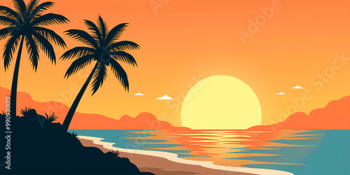 Abstract orange sunset with palm trees and the ocean view