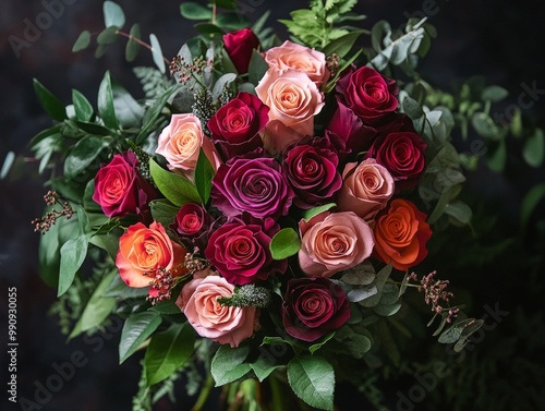 A bouquet of roses in various shades, perfectly arranged with lush greenery