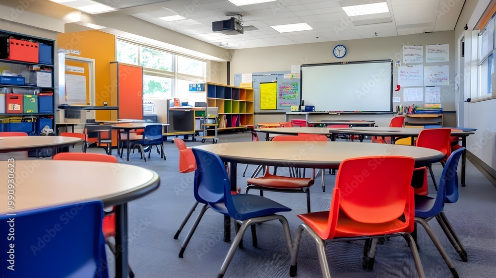 Bright classroom with colorful tables and chairs, ideal for learning and creativity. Bright classroom with colorful tables and chairs, ideal for learning and creativity.