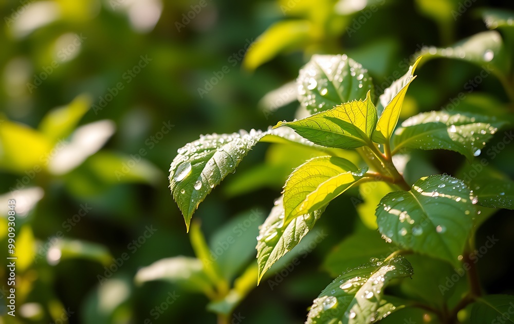 Fresh, vibrant green leaves covered in small dew droplets glisten under the soft morning sunlight. Fresh, vibrant green leaves covered in small dew droplets glisten under the soft morning sunlight.