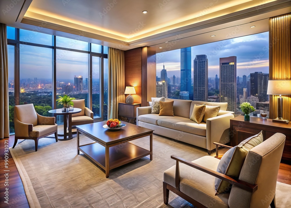 Luxurious hideaway features sleek, contemporary furnishings and breathtaking vistas of the cityscape in a bustling Luxurious hideaway features sleek, contemporary furnishings and breathtaking vistas of the cityscape in a bustling
