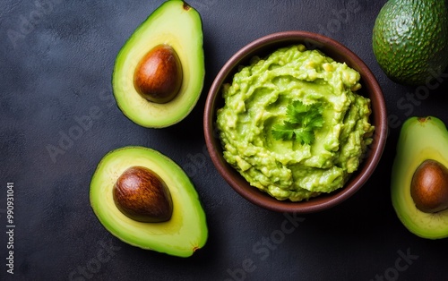 A bowl of guacamole surrounded by freshly cut avocado slices, creating a delicious display photo