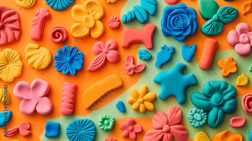 Vibrant modeling clay pieces shaped into whimsical animal and floral forms blending colors seamlessly on a bright cheerful background Showcasing the creative