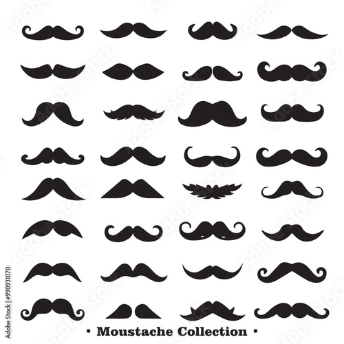 A collection of different black silhouettes of mustaches in various styles and shapes, on a white background