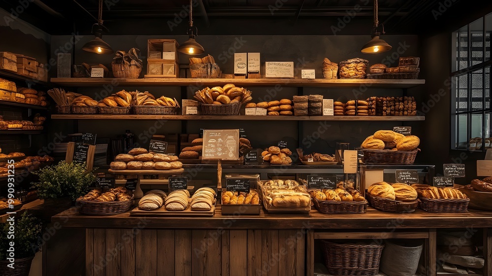 Fototapeta premium A cozy inviting bakery showcasing a variety of freshly baked breads pastries and other delectable baked goods on rustic wooden shelves with an emphasis on the warm