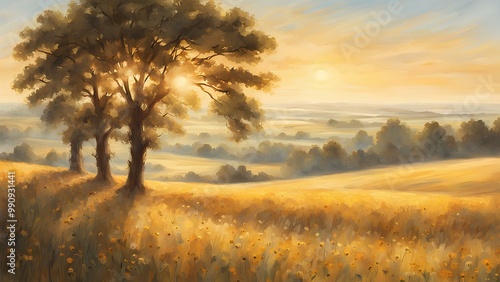 Sun-drenched summer landscape with golden fields stretching into the horizon, softened by a gentle, warm haze