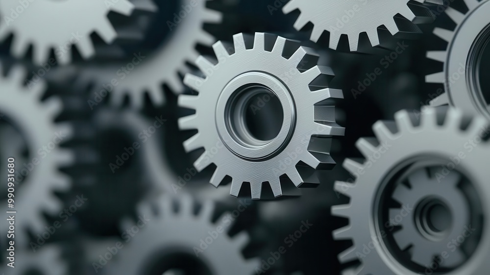 Closeup of interlocking geometric gears, with sharp edges and precise angles, creating a complex, synchronized machine part assembly, 3D illustration Closeup of interlocking geometric gears, with sharp edges and precise angles, creating a complex, synchronized machine part assembly, 3D illustration
