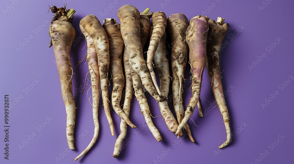Arranged raw the root over a purple backdrop are excellent for nature or food shots Arranged raw the root over a purple backdrop are excellent for nature or food shots