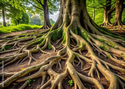 Sturdy, exposed tree roots providing support and stability in moist, soft soil