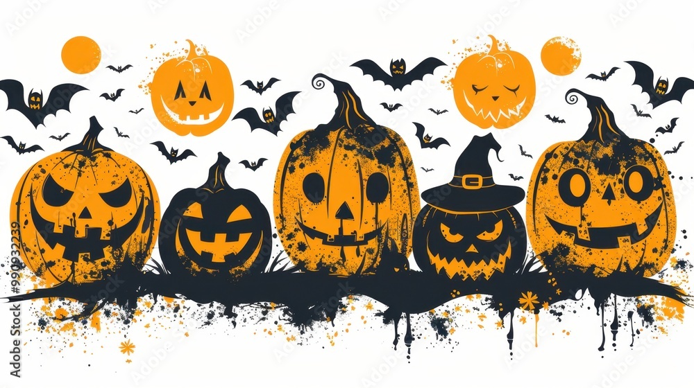 Design Pop Color silhouette illustrations of spooky Halloween Pumpkins in various activities ,with bold lines and simple design, placed on a white background Design Pop Color silhouette illustrations of spooky Halloween Pumpkins in various activities ,with bold lines and simple design, placed on a white background