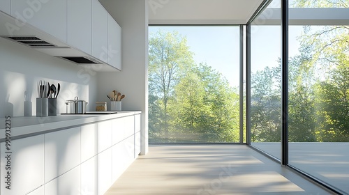 Minimalist kitchen design with sleek white cabinetry clean countertop and large windows allowing natural light to flood the space photo