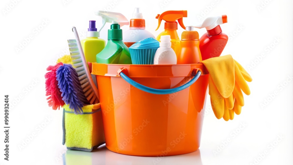 Outside a clean and minimal white surface, a bright orange bucket overflows with a kaleidoscope of cleaning supplies, Outside a clean and minimal white surface, a bright orange bucket overflows with a kaleidoscope of cleaning supplies,
