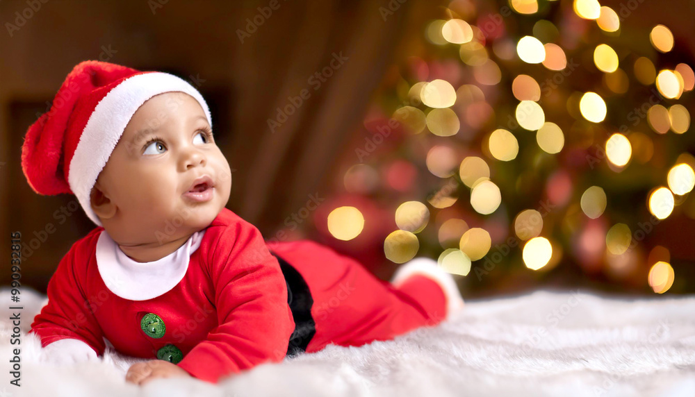 Baby in Nikolauskostüm liegt vorm Weihnachtsbaum Baby in Nikolauskostüm liegt vorm Weihnachtsbaum