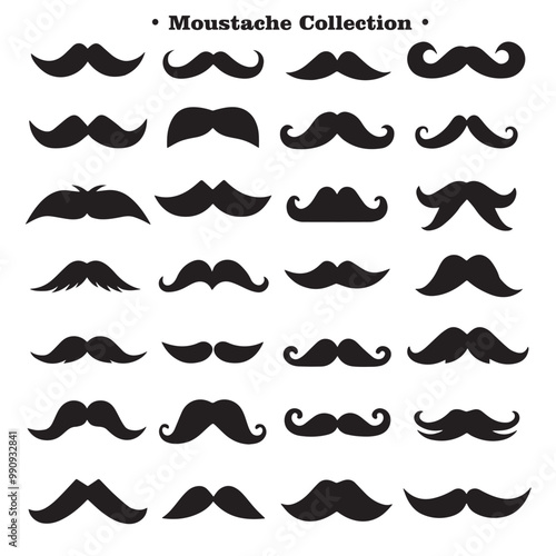 A collection of different black silhouettes of mustaches in various styles and shapes, on a white background