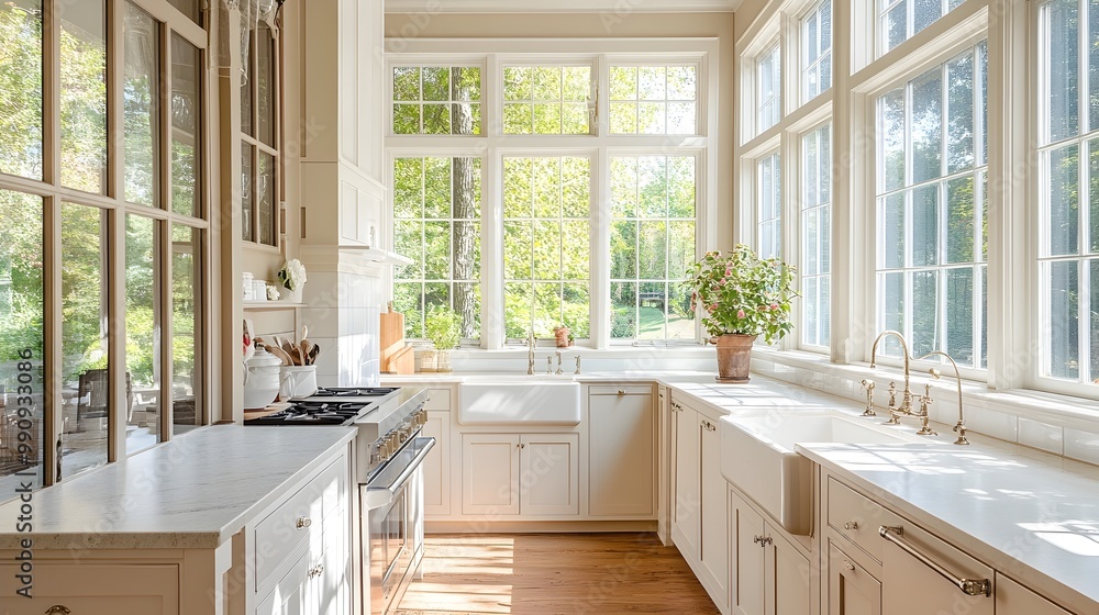 Bright and airy farmhouse inspired kitchen design featuring light ...