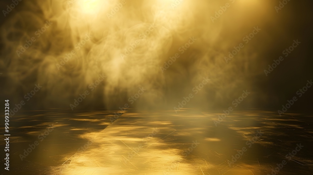 Gold background with a spotlight, fog in the center of the frame, and an empty floor. Gold background with a spotlight, fog in the center of the frame, and an empty floor.