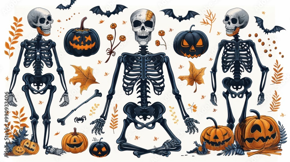Design Pop Color silhouette illustrations of spooky Halloween Skeleton decorations in various activities ,with bold lines and simple design, placed on a white background Design Pop Color silhouette illustrations of spooky Halloween Skeleton decorations in various activities ,with bold lines and simple design, placed on a white background