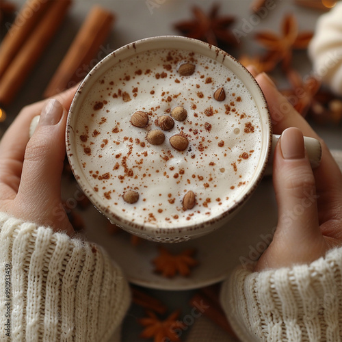 Autumn concept. First person top view shot of woman's hands in sweater holding cinnamon sticks aniseed sparkling drink on isolated beige background. Made with generative ai