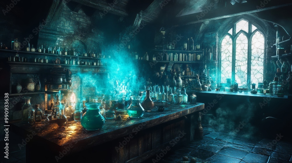 Enchanting Scene of a Witch Brewing Potions in a Dark Room with Glowing Liquids Enchanting Scene of a Witch Brewing Potions in a Dark Room with Glowing Liquids