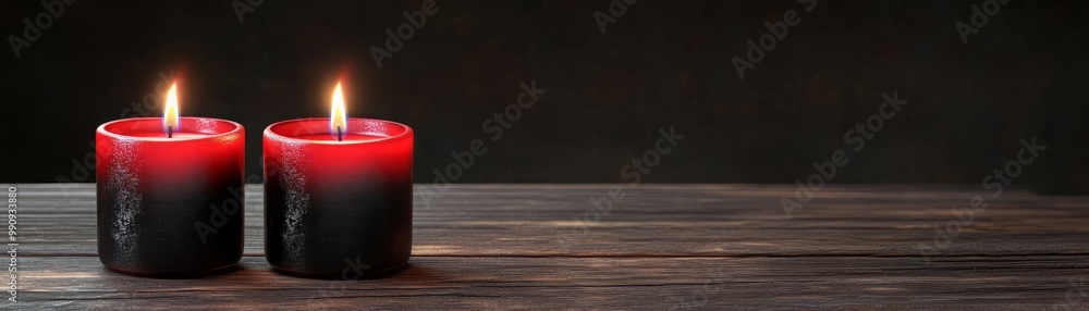 Two red candles softly illuminate a dark wooden table, creating a warm, inviting atmosphere perfect for relaxation or celebration. Two red candles softly illuminate a dark wooden table, creating a warm, inviting atmosphere perfect for relaxation or celebration.
