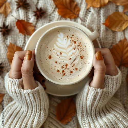 Autumn concept. First person top view shot of woman's hands in sweater holding cinnamon sticks aniseed sparkling drink on isolated beige background. Made with generative ai