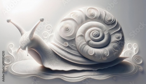 A surreal and abstract depicting a hypnotic swirling snail shell like form floating in a serene underwater seascape with gentle waves and bubbles creating a captivating photo