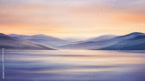 A serene landscape painting depicting a tranquil sunset over rolling hills with soft hues of orange and purple blending in the sky and gentle waves lapping at a peaceful shoreline