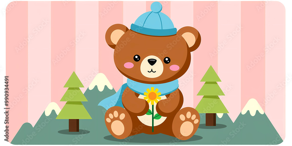 Fototapeta premium Bear sitting with a flower in winter