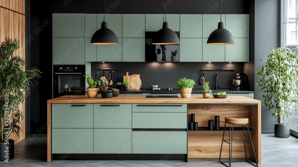A harmonious blend of modern design and nature inspired colors in this stylish mint green kitchen featuring sleek black hardware light wood island and a bright clean aesthetic A harmonious blend of modern design and nature inspired colors in this stylish mint green kitchen featuring sleek black hardware light wood island and a bright clean aesthetic