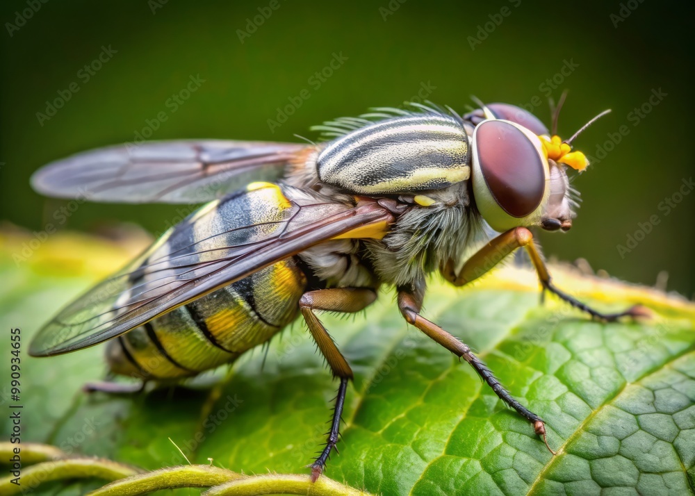 Softly illuminated, a grey botfly's yellow-striped exoskeleton and rounded abdomen are showcased on a leaf, a stunning Softly illuminated, a grey botfly's yellow-striped exoskeleton and rounded abdomen are showcased on a leaf, a stunning
