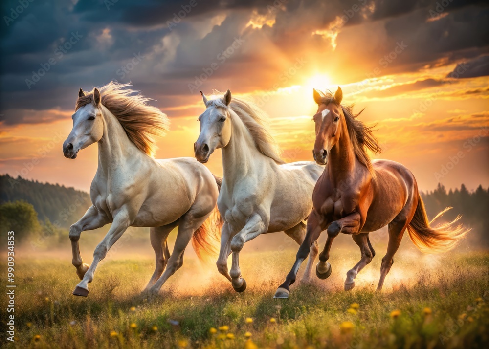 Obraz premium Stately horses traverse a sun-splashed meadow, their hooves pounding the earth, exuding an air of regal elegance and