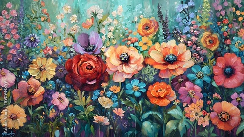 A vibrant and captivating floral painting showcasing a burst of colorful blooming flowers in a lush garden setting