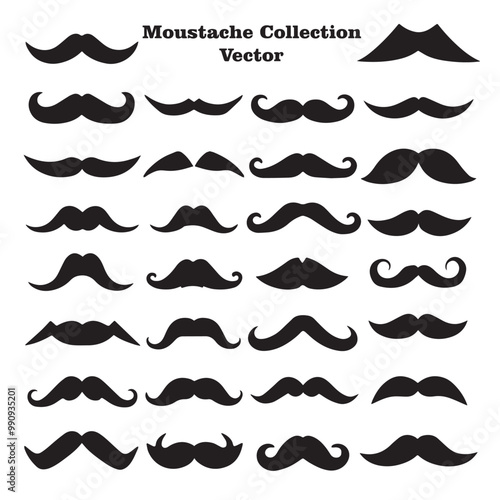 A collection of different black silhouettes of mustaches in various styles and shapes, on a white background