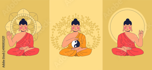 Set of posters with Buddha Theravada in lotus position meditating. Concept of Buddhism philosophy