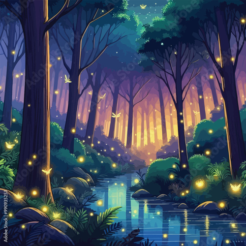 magical forest scene with fireflies glowing softly illustration 