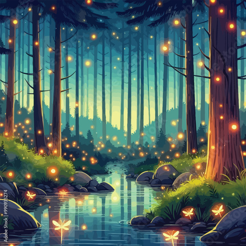 magical forest scene with fireflies glowing softly illustration 