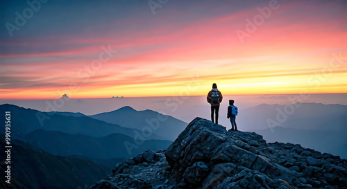 Mann und Kind in Wanderkleidung mit Rucksack stehen auf Bergspitze mit Blick über Panorama eines Gebirges im warmen Licht der Abenddämmerung oder Morgendämmerung Sonnenstrahlen hoffnungsvoll schön photo