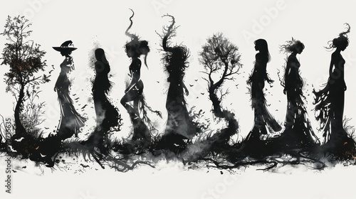 Design Pop Color silhouette illustrations of spooky Halloween The Ghost Bride in various activities ,with bold lines and simple design, placed on a white background