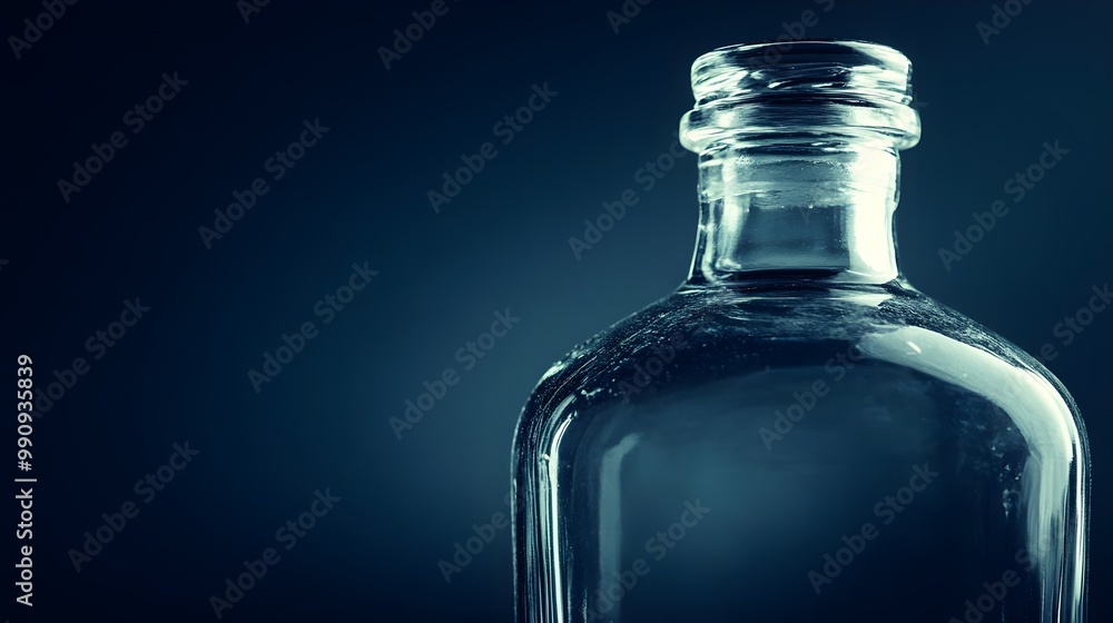 Close-up of a glass bottle with dark background, isolated and detailed view. Close-up of a glass bottle with dark background, isolated and detailed view.