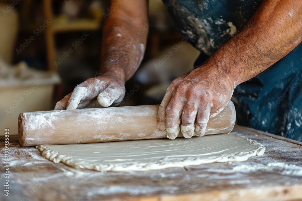 A potter rolling clay on a wooden surface, preparing for sculpting. A potter rolling clay on a wooden surface, preparing for sculpting.