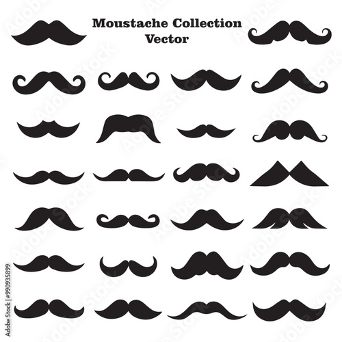 A collection of different black silhouettes of mustaches in various styles and shapes, on a white background