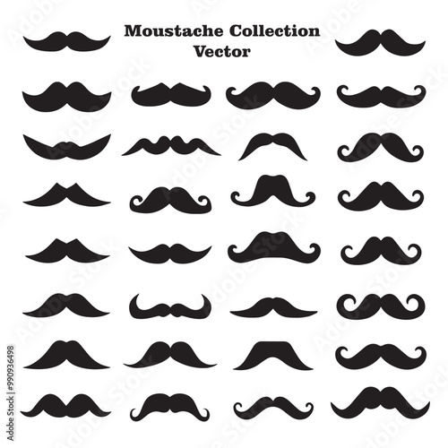 A collection of different black silhouettes of mustaches in various styles and shapes, on a white background
